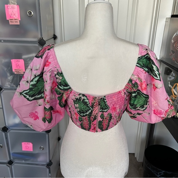 L'ATISTE Pink Ombre Green Floral Butterfly Zip Up Puff Sleeve Top NWT Size Large - Picture 4 of 12